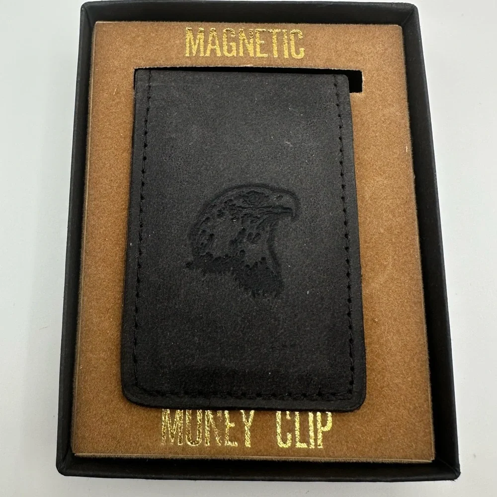 Black Leather Money Clip Bald Eagle Magnetic New in Box Cowhide Western USA